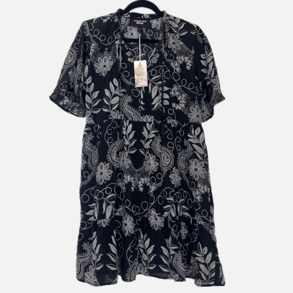 NWT Johnny Was silk floral printed black dress size small